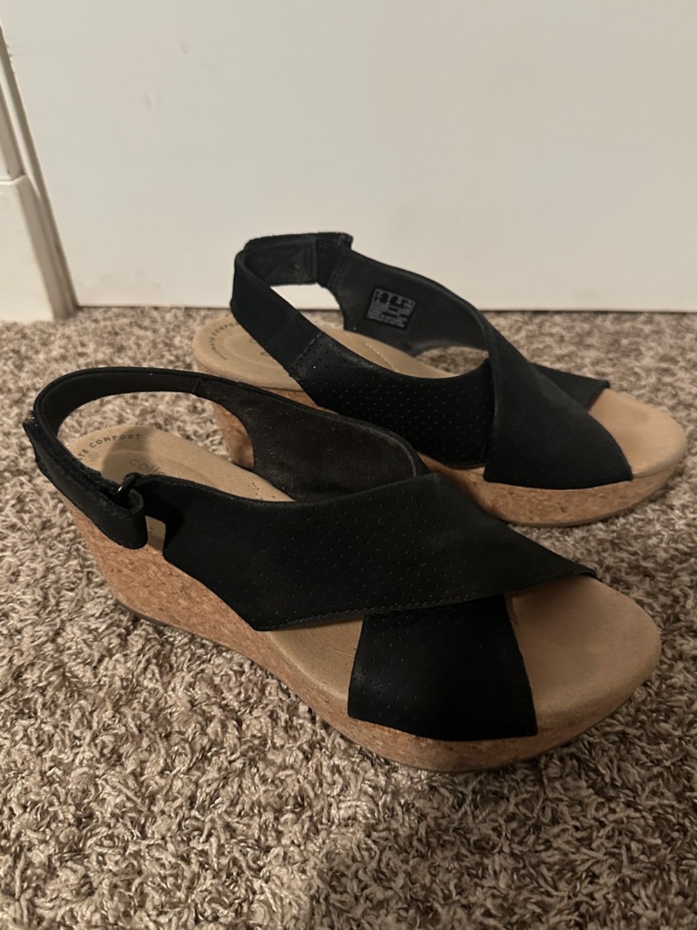 Clark’s Black Wedge Sandals with Cork Heel - Women's Comfort Style